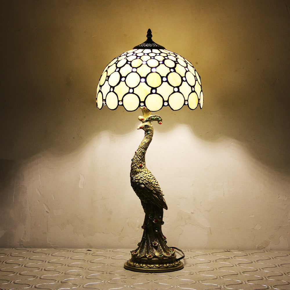 Traditional Tiffany Peacock Gem Dome Glass Resin 1-Light Table Lamp For Living Room & Bedroom