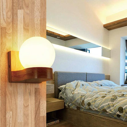 Contemporary Nordic Rubberwood Glass Ball 1/2-Light Wall Sconce Lamp For Bedroom