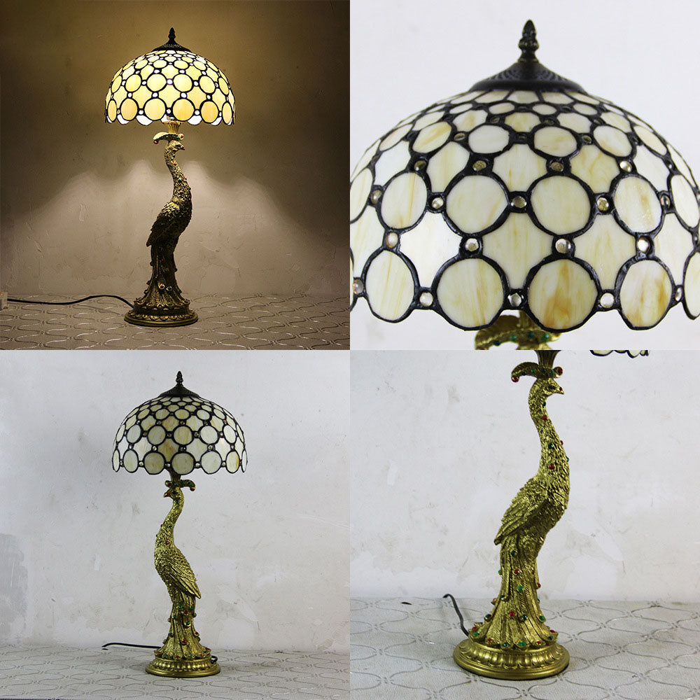 Traditional Tiffany Peacock Gem Dome Glass Resin 1-Light Table Lamp For Living Room & Bedroom