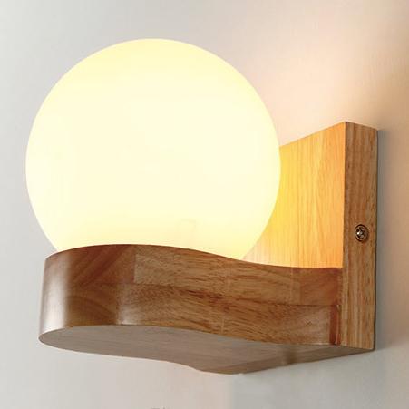 Contemporary Nordic Rubberwood Glass Ball 1/2-Light Wall Sconce Lamp For Bedroom