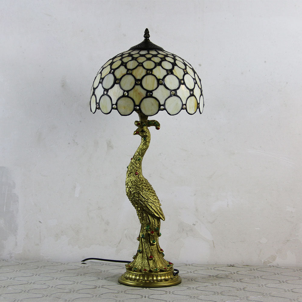 Traditional Tiffany Peacock Gem Dome Glass Resin 1-Light Table Lamp For Living Room & Bedroom