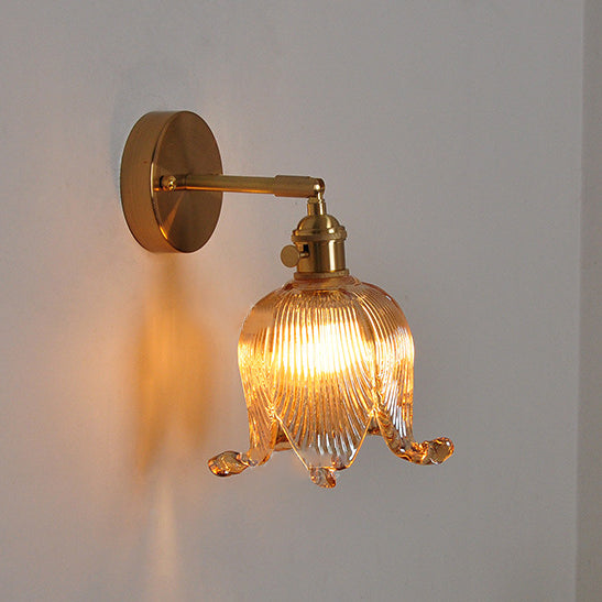 Traditional Vintage Brass Glass Bell Flower 1-Light Wall Sconce Lamp for Living Room