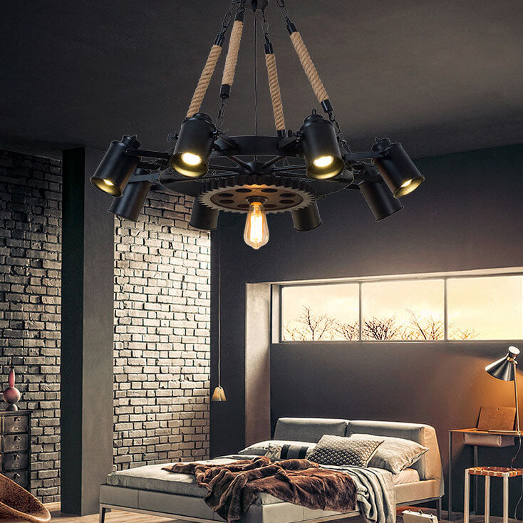 Contemporary Industrial Retro Gear Wrought Ion Hemp Rope 7/9/11-Light Chandelier For Living Room