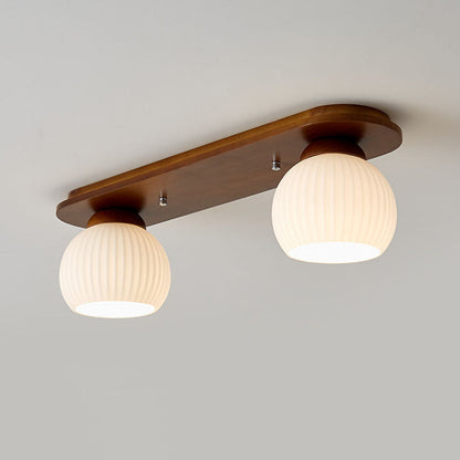Traditional Japanese Striped Glass Wood Long Plate 2/3 Light Flush Mount Ceiling Light