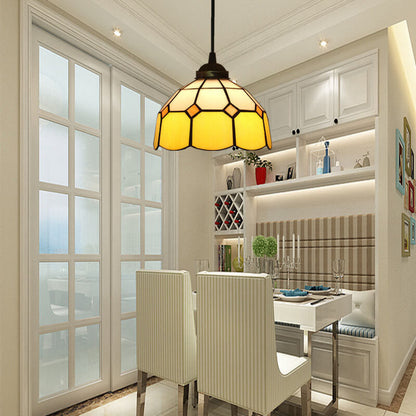 Traditional Tiffany Stained Glass Iron Dome Shade Round 1-Light Pendant Light for Living Room