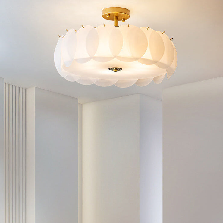 French Glass Round Drum 5/6 Light Semi-Flush Mount Ceiling Light