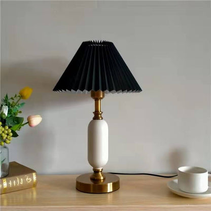 Traditional French Round Fabric PVC Metal Pleated Shade 1-Light Table Lamp For Bedroom