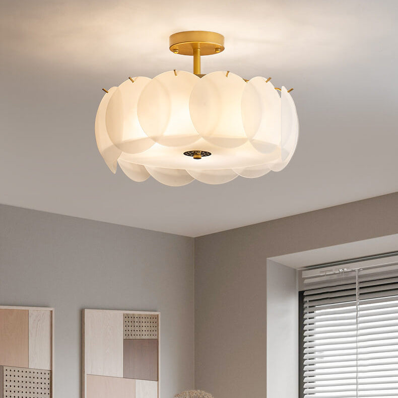 French Glass Round Drum 5/6 Light Semi-Flush Mount Ceiling Light