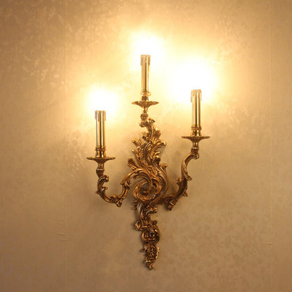 French Vintage Brass Candle 2/3 Light Wall Sconce Lamp