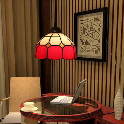 Traditional Tiffany Stained Glass Iron Dome Shade Round 1-Light Pendant Light for Living Room