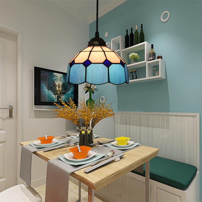 Traditional Tiffany Stained Glass Iron Dome Shade Round 1-Light Pendant Light for Living Room