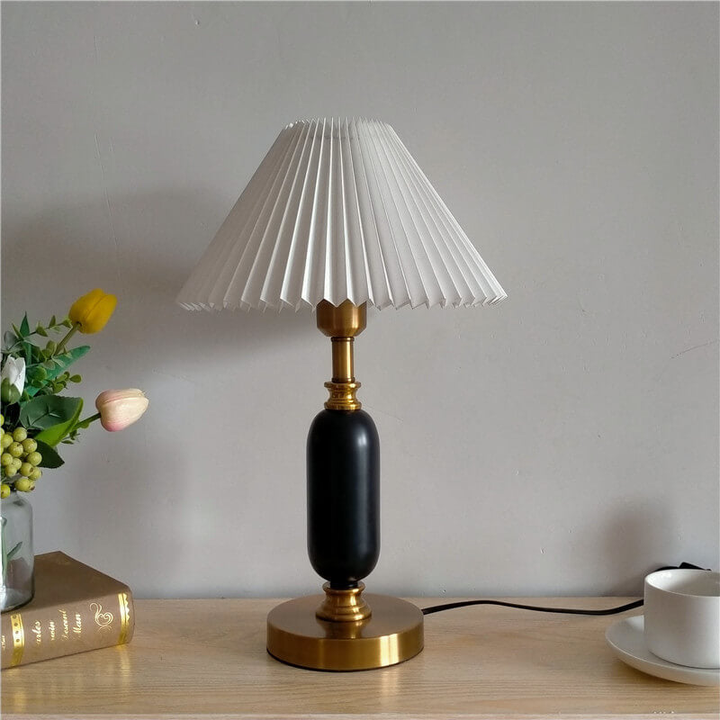 Traditional French Round Fabric PVC Metal Pleated Shade 1-Light Table Lamp For Bedroom