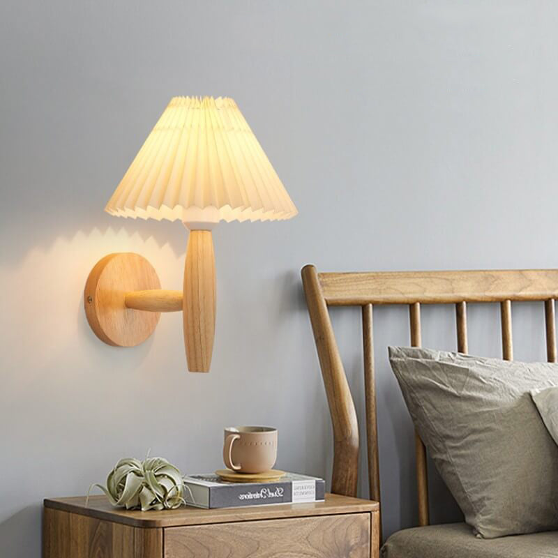Vintage Wooden Pleated Umbrella Shade 1-Light Wall Sconce Lamp