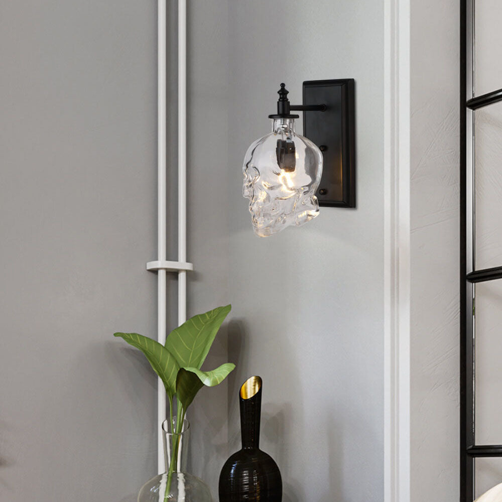 Contemporary Creative Round Skull Glass Iron 1-Light Halloween Wall Sconce Lamp For Living Room