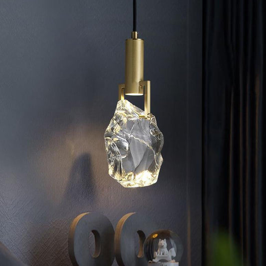 Modern Minimalist Ice Cube Crystal Brass 1-Light Pendant Light For Bedroom