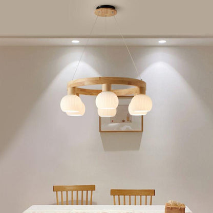 Modern Japanese Log Ring Textured Glass Globe 3/6/9 Light Chandelier