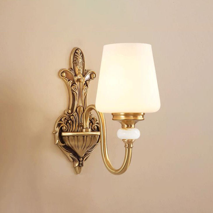 Traditional European Jade Glass Brass Cone Cup Shade 1/2 Light Wall Sconce Lamp For Bedroom
