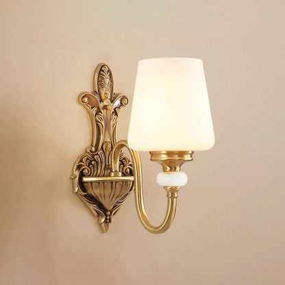 Traditional European Jade Glass Brass Cone Cup Shade 1/2 Light Wall Sconce Lamp For Bedroom