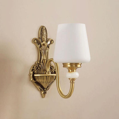 Traditional European Jade Glass Brass Cone Cup Shade 1/2 Light Wall Sconce Lamp For Bedroom