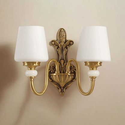 Traditional European Jade Glass Brass Cone Cup Shade 1/2 Light Wall Sconce Lamp For Bedroom