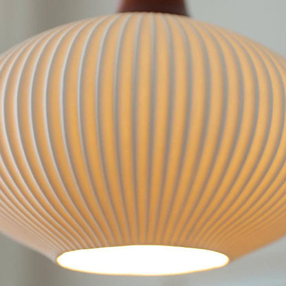 Traditional Japanese Pleated Round Dome Ceramic Solid Wood Iron 1-Light Pendant Light For Living Room & Bedroom