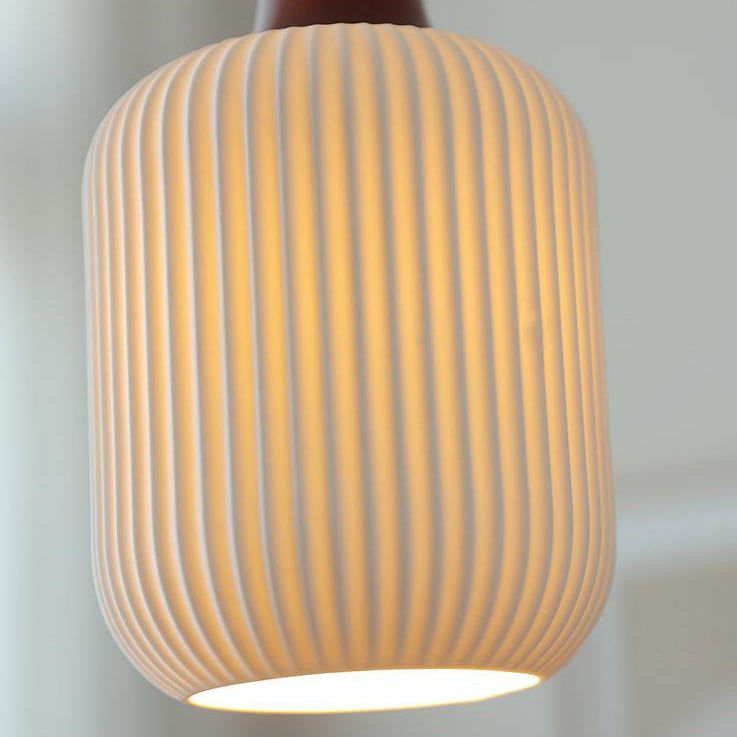 Traditional Japanese Pleated Round Dome Ceramic Solid Wood Iron 1-Light Pendant Light For Living Room & Bedroom