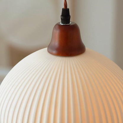 Traditional Japanese Pleated Round Dome Ceramic Solid Wood Iron 1-Light Pendant Light For Living Room & Bedroom