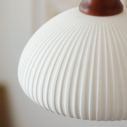 Traditional Japanese Pleated Round Dome Ceramic Solid Wood Iron 1-Light Pendant Light For Living Room & Bedroom
