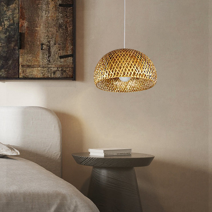 Traditional Vintage Bamboo Metal Weaving Round 1-Light Pendant Light for Living Room