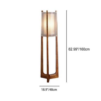Traditional Japanese Solid Wood Brass Fabric Column 1-Light Standing Floor Lamp For Living Room And Bedroom