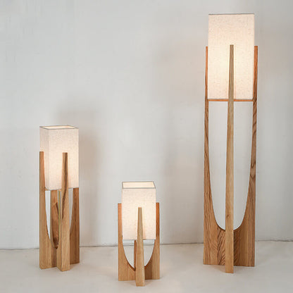 Modern Minimalist Copper Fabric Ash Wood Rectangular 1-Light Standing Floor Lamps For Living Room & Bedroom