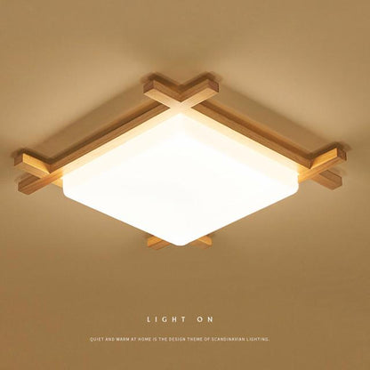 Traditional Japanese Wood Acrylic Square Tatami LED Flush Mount Ceiling Light For Bedroom