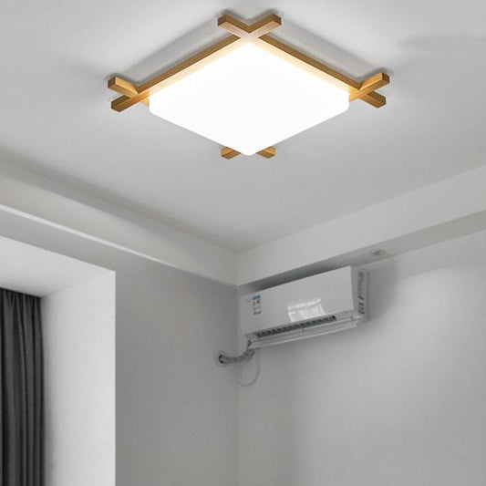 Traditional Japanese Wood Acrylic Square Tatami LED Flush Mount Ceiling Light For Bedroom