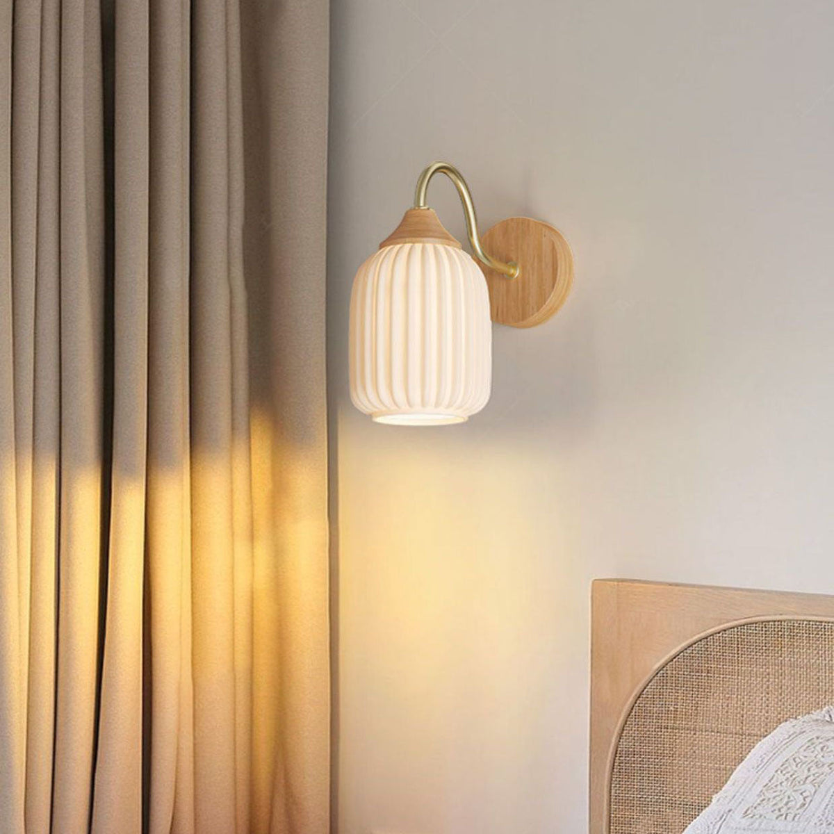 Contemporary Nordic Iron Glass Striped Round Log Wood 1-Light Wall Sconce Lamp For Living Room & Bedroom