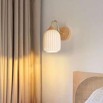 Contemporary Nordic Iron Glass Striped Round Log Wood 1-Light Wall Sconce Lamp For Living Room & Bedroom