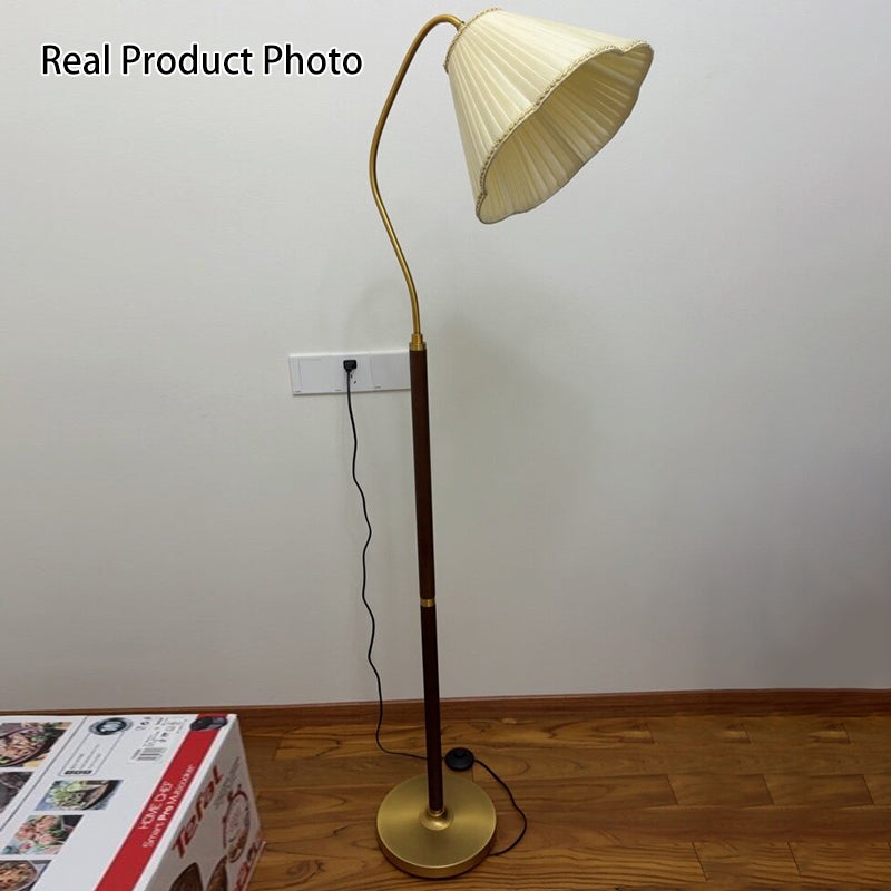 Japanese Vintage Flower Solid Wood Iron Fabric 1-Light Standing Floor Lamp