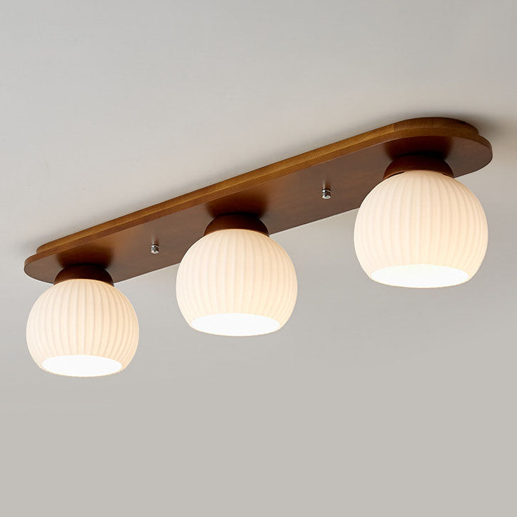 Traditional Japanese Striped Glass Wood Long Plate 2/3 Light Flush Mount Ceiling Light