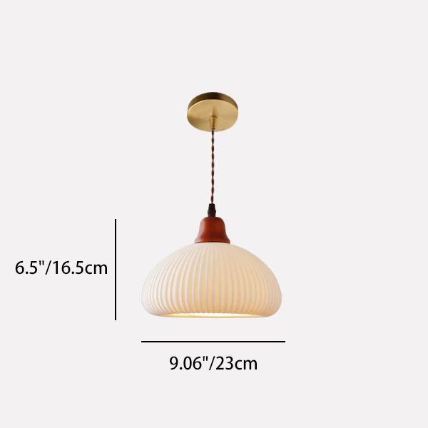 Traditional Japanese Pleated Round Dome Ceramic Solid Wood Iron 1-Light Pendant Light For Living Room & Bedroom