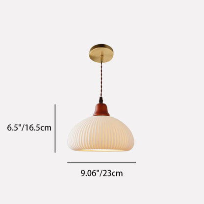 Traditional Japanese Pleated Round Dome Ceramic Solid Wood Iron 1-Light Pendant Light For Living Room & Bedroom