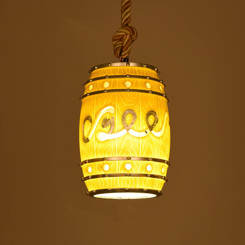 Traditional Vintage Resin Hemp Rope Wine Barrel Resin 1-Light Pendant Light For Living Room