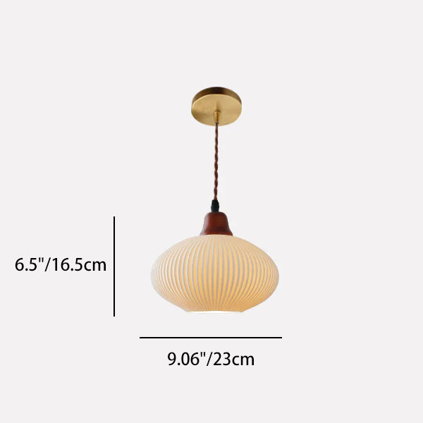 Traditional Japanese Pleated Round Dome Ceramic Solid Wood Iron 1-Light Pendant Light For Living Room & Bedroom