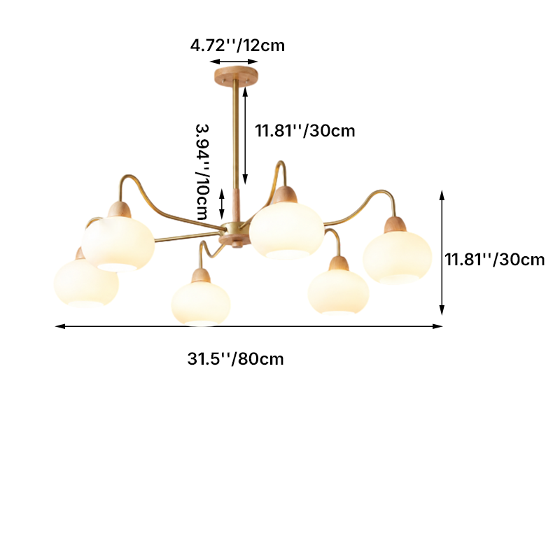 Contemporary Scandinavian Rubberwood Glass Iron Round Curved 3/6/8 Light Chandelier for Living Room