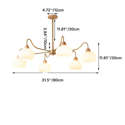 Contemporary Scandinavian Rubberwood Glass Iron Round Curved 3/6/8 Light Chandelier for Living Room