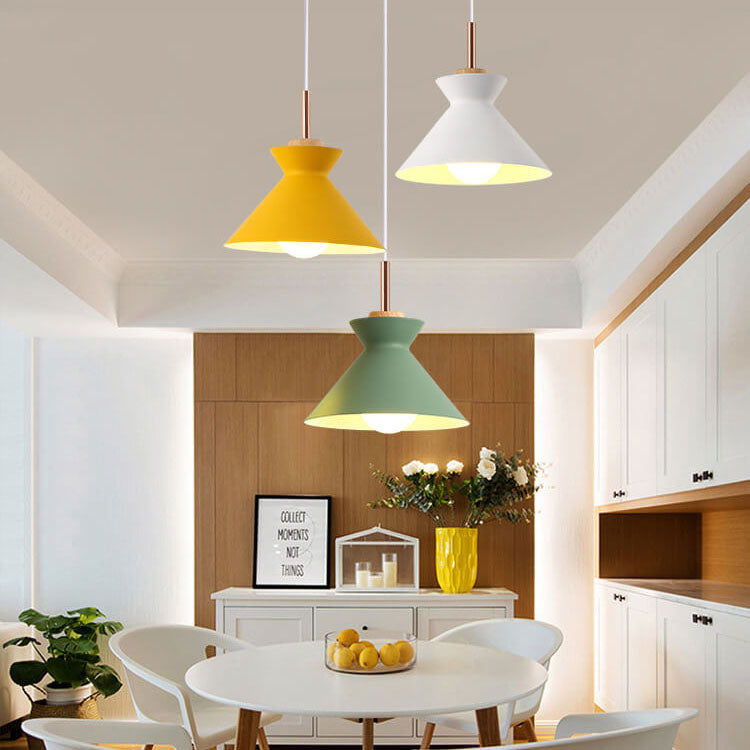Contemporary Nordic Oak Wood Iron Bell Cone Dome 1-Light Pendant Light For Living Room