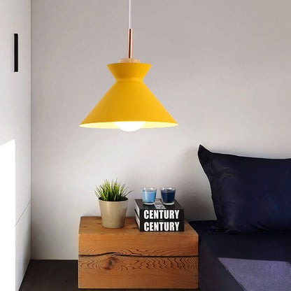 Contemporary Nordic Oak Wood Iron Bell Cone Dome 1-Light Pendant Light For Living Room