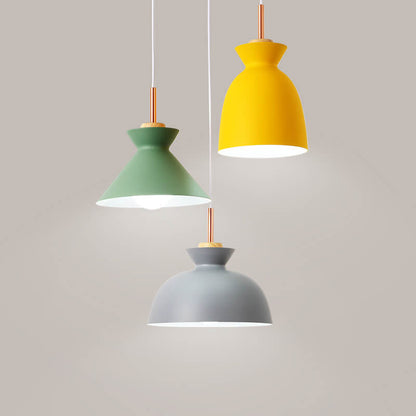 Contemporary Nordic Oak Wood Iron Bell Cone Dome 1-Light Pendant Light For Living Room