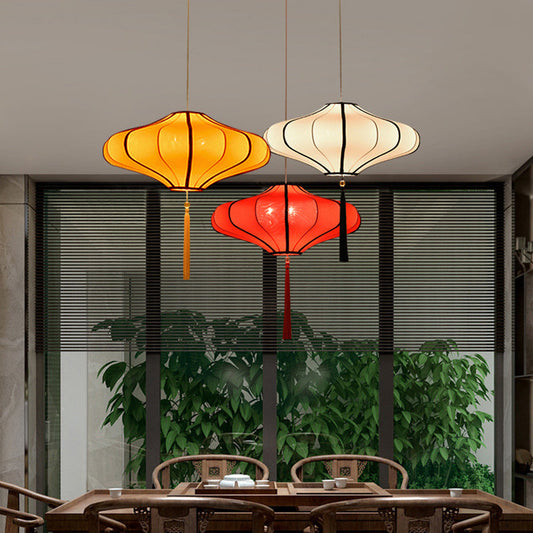 Traditional Chinese Lantern Shape Fabric Lampshade Hardware 1/3 - Light Chandelier For Dining Room