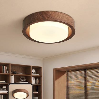 Contemporary Nordic Round Wood Iron Glass LED Flush Mount Ceiling Light For Hallways