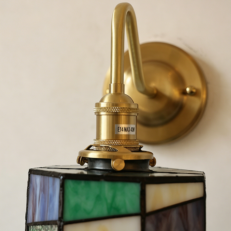 Traditional Tiffany Round Copper Glass 1-Light Wall Sconce Lamp For Living Room