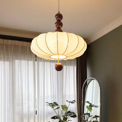 Modern Mid-Century Metal Wood Fabric Circular 3/4-Light Pendant Light For Living Room